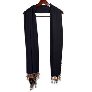 Black Scarf with Colorful Beaded Fringe Boho Bohemian Women's Shawl Wrap 78 x 36